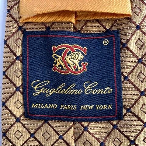 GUGLIELMO CONTE Gold Brown Navy Diamond Grid Check Silk Tie