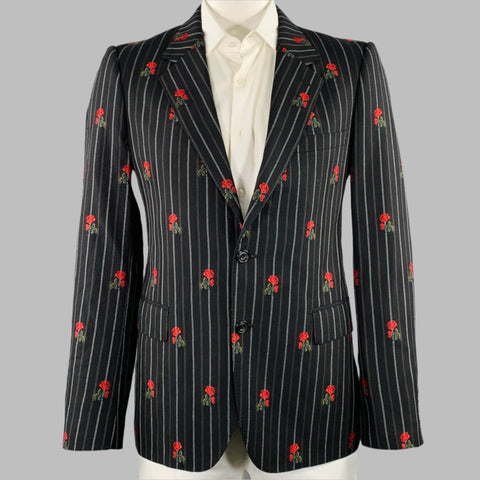 ALEXANDER MCQUEEN Size 42 Black Red Stripe Roses Wool Cotton Sport Coat