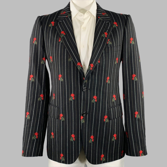 ALEXANDER MCQUEEN Size 42 Black Red Stripe Roses Wool Cotton Sport Coat