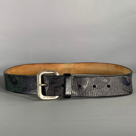 ETRO Size 38 Navy Green Paisley Leather Belt