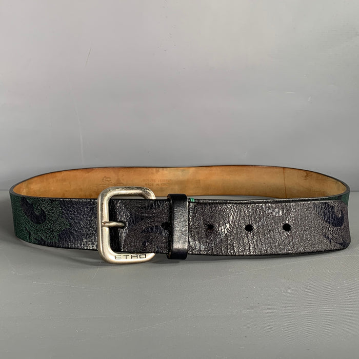 ETRO Size 38 Navy Green Paisley Leather Belt