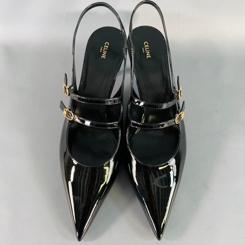 CELINE Size 12 Judy Black Patent Leather Slingback Kitten Heel Pumps