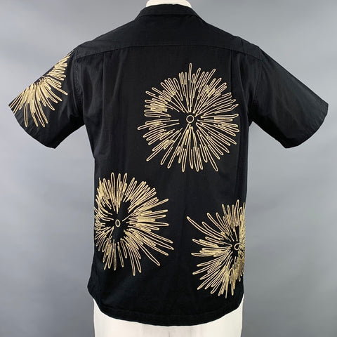 SASQUATCHfabrix Size XL Black Gold Embroidery Cotton Linen Short Sleeve Shirt