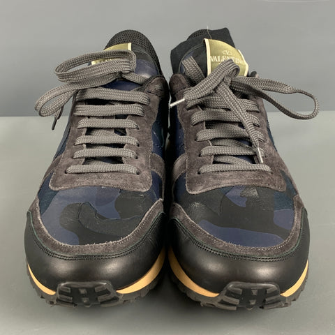 VALENTINO Size 11 Navy Grey Camo Leather Low Top Sneakers
