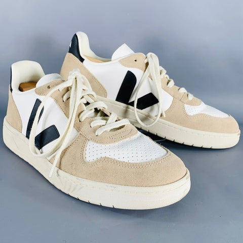 VEJA Size 11.5 White Beige Leather Color Block Sneakers