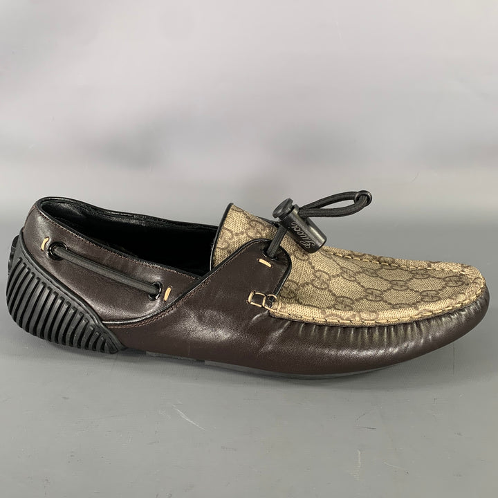 GUCCI Size 9.5 Tan Brown Monogram Leather Drivers Loafers