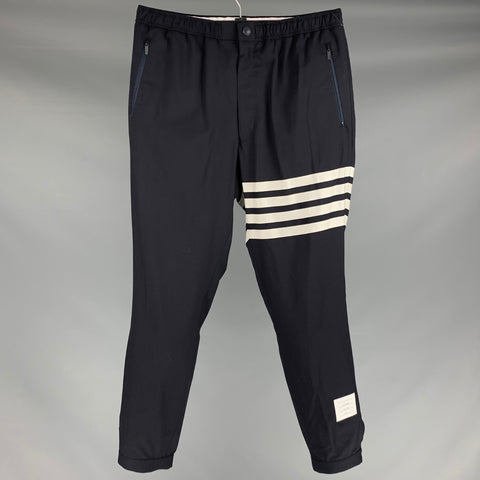 THOM BROWNE Talla M Pantalones casuales con cinturilla elástica de lana a rayas blancas y azul marino