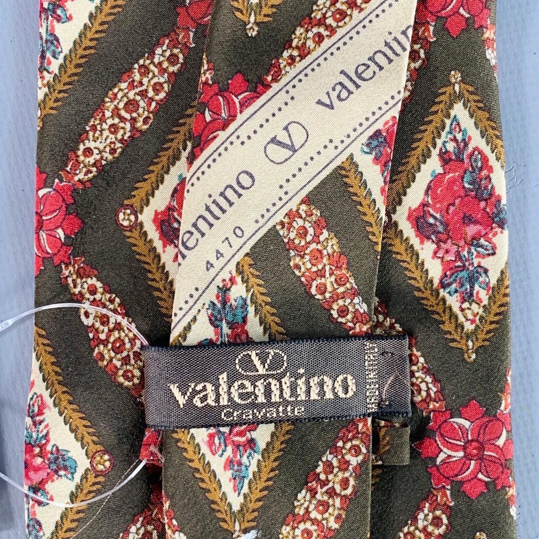 VALENTINO Brown Red Beige Framed Floral Silk Tie