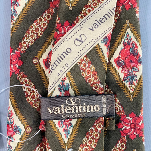 VALENTINO Brown Red Beige Framed Floral Silk Tie