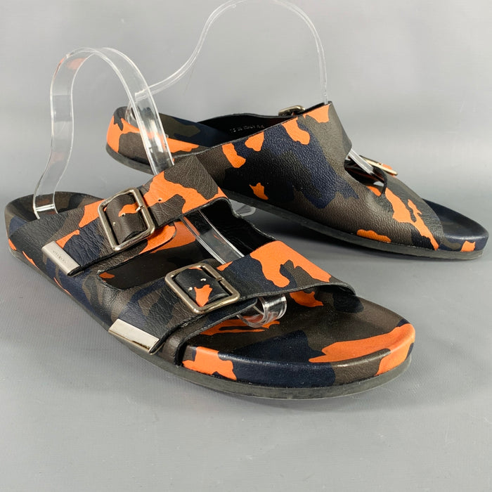 GIVENCHY Size 11 Black Green & Orange Camouflage Leather Slide Sandals