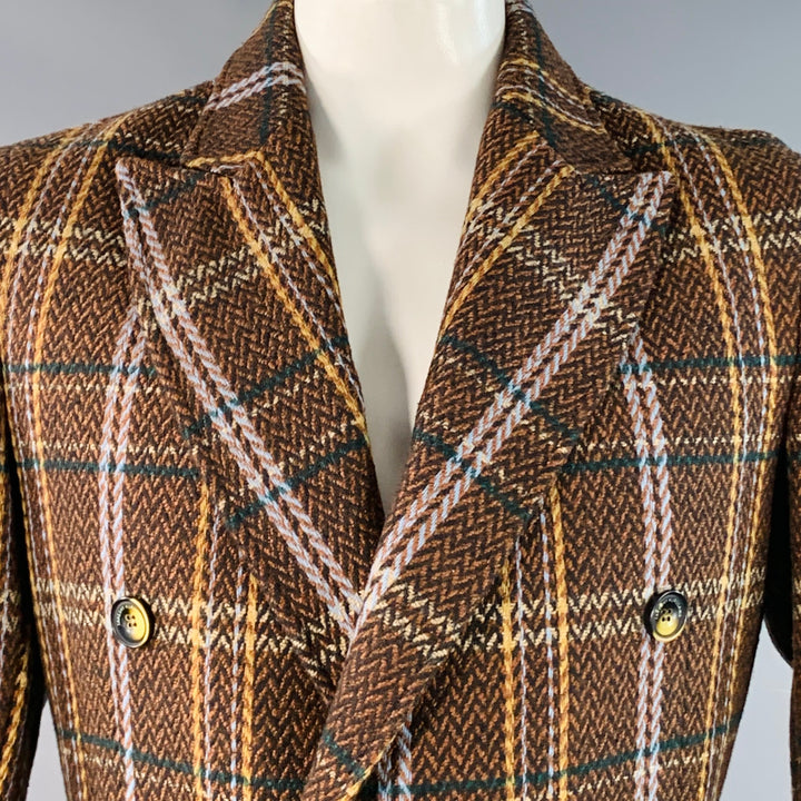 TAKESHY KUROSAWA Size 44 Brown Multi Color Plaid Double Breasted Peak Lapel Coat