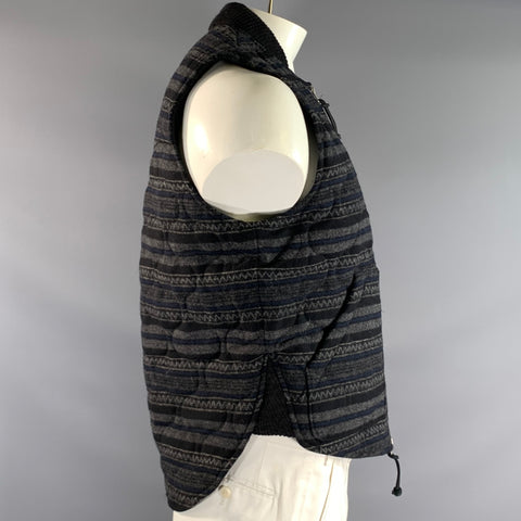 MONITALY Size 42 Grey Navy & Black Stripe Wool Ribbed Collar Vest