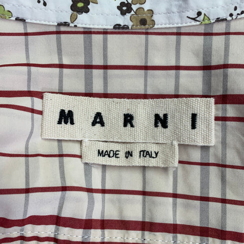 MARNI Size 36 White Green Brown Floral Cotton One Pocket Long Sleeve Shirt