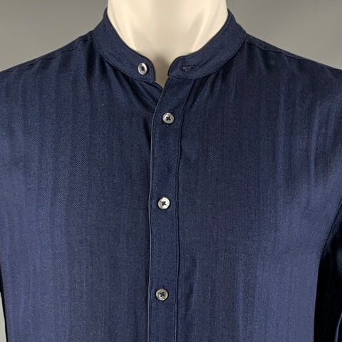 JOHN VARVATOS Size S Blue Navy Textured Viscose Nehru Collar Long Sleeve Shirt