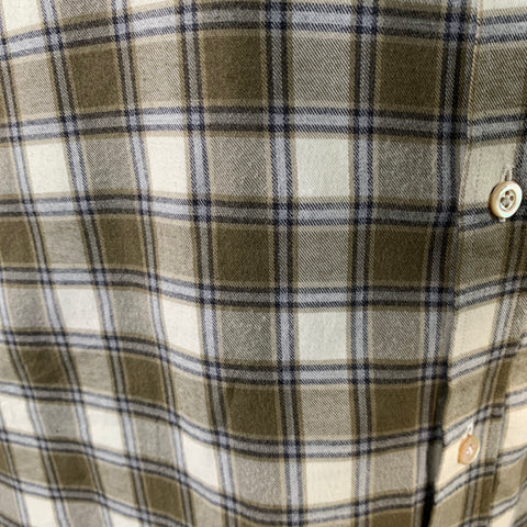 BOGLIOLI Size L Cream Olive Plaid Cotton Twill Spread Collar Long Sleeve Shirt