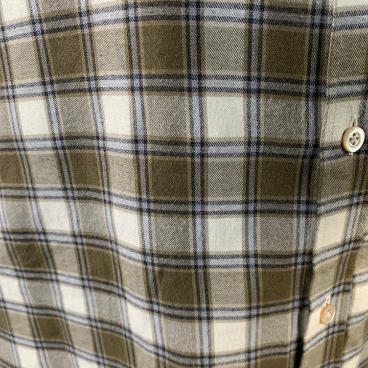 BOGLIOLI Size L Cream Olive Plaid Cotton Twill Spread Collar Long Sleeve Shirt