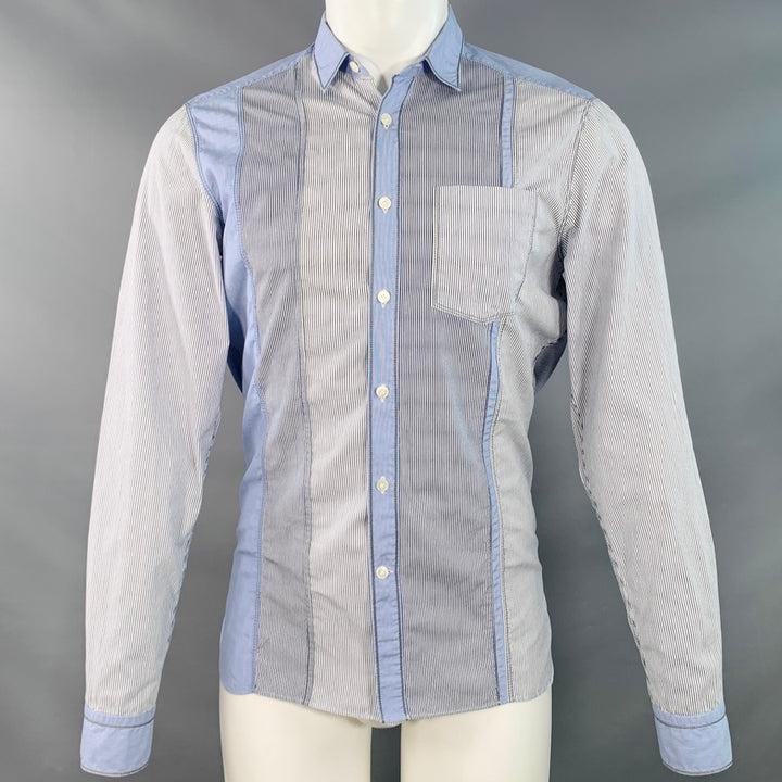 LANVIN Size S White Blue Navy Patchwork Stripe Cotton One Pocket Long Sleeve Shirt