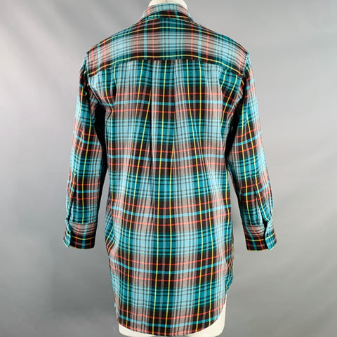 ASPESI Size XS Aqua Multi Color Plaid Cotton Oversized Longline Long Sleeve Shirt