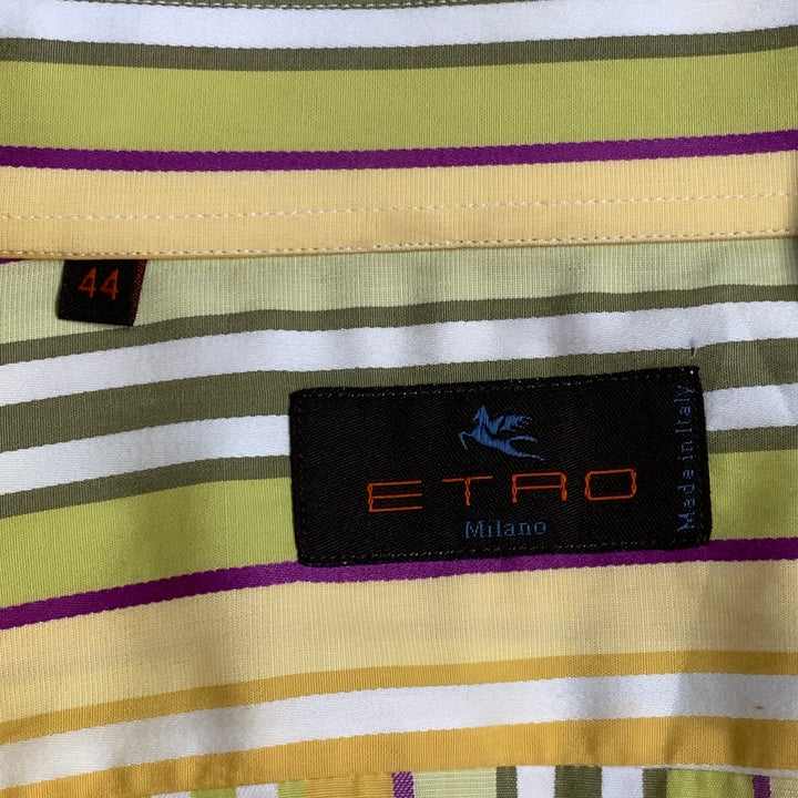 ETRO Size 44 Yellow Green White Stripe Cotton Curved Cutaway Long Sleeve Shirt
