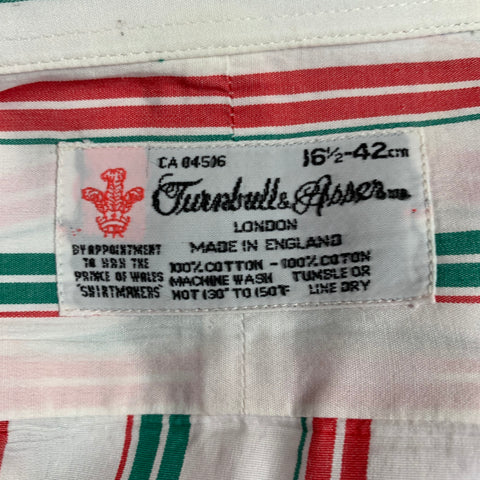 TURNBULL & ASSER Vintage Size L White Green Red Stripe Cotton French Cuff Long Sleeve Shirt