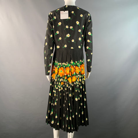 RED VALENTINO Size 8 Black Multi-Color Cotton / Polyester Floral Mid-Calf Dress