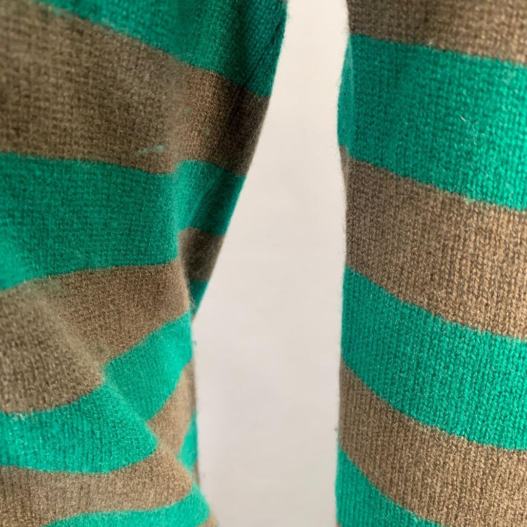 BURBERRY BRIT Size M Green Brown Stripe Cashmere V-Neck Pullover
