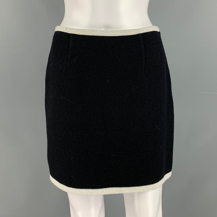 MOSCHINO Size 8 Black White Virgin Wool Contrast trim Single breasted Skirt Suit
