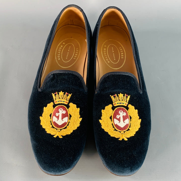 STUBBS & WOOTTON Size 10.5 Royal Anchor Navy Gold Embroidery Velvet Loafers