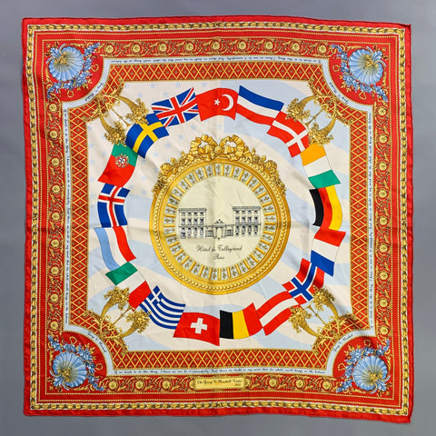 L.R. PARIS 2002 Red Multi-Color Flags Silk Scarf