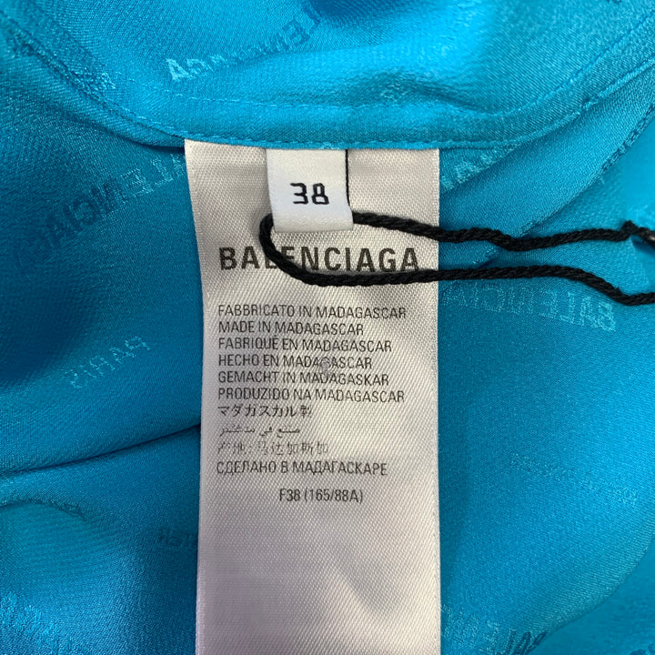 BALENCIAGA Size M Blue Aqua Monogram Silk Button Down Long Sleeve Shirt