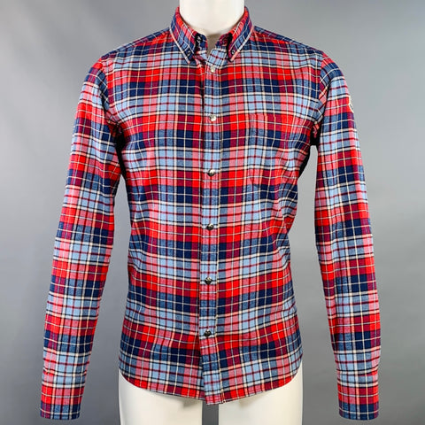 MONCLER Size M Blue Navy Red Plaid Cotton Button Down Collar Long Sleeve Shirt