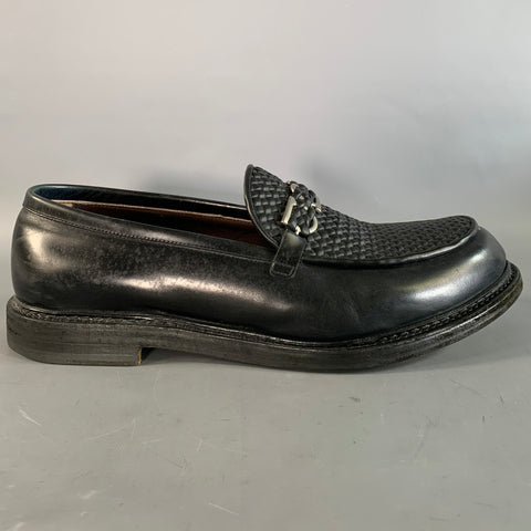 SALVATORE FERRAGAMO Size 12 Black Silver Woven Leather Penny Loafers