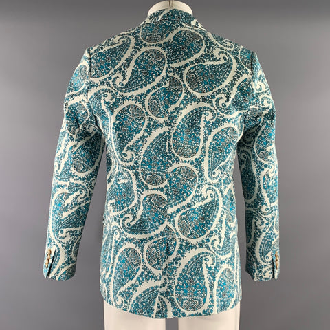 MR TURK Chest Size 40 White Blue Paisley Cotton Blend Notch Lapel 34 28 Suit