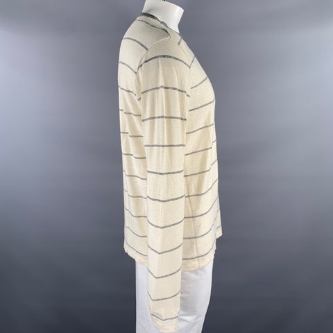 OFFICINE GENERALE Size L Cream Grey Stripe Linen Blend Lightweight Pullover