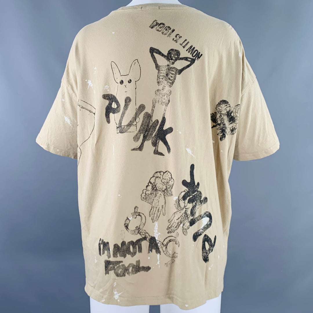 R13 Size M Stamp Khaki Black Cotton Punk Short Sleeve T-shirt
