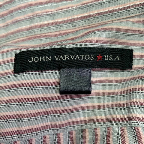 JOHN VARVATOS * U.S.A. Chemise homme à manches longues en coton rayé gris rose à pattes de boutonnage, taille L
