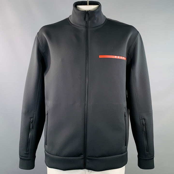 PRADA Size XXXL Black Red Logo Polyester Blend Technical Jersey Zip Up Jacket