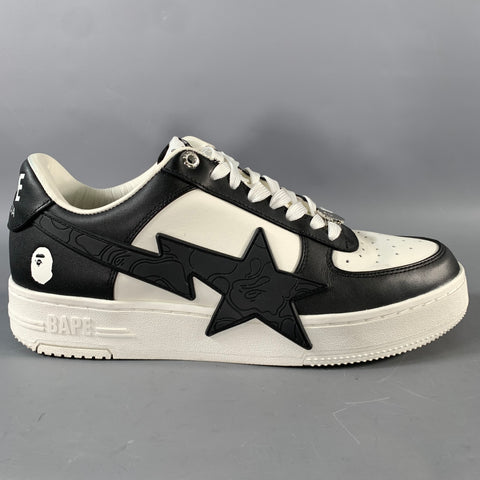 BAPE Size 10 White Black Stars Leather Low Top Sneakers