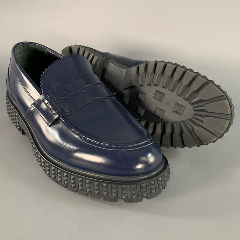 VALENTINO Mocassins penny à enfiler en cuir marine avec semelle crantée, taille 9