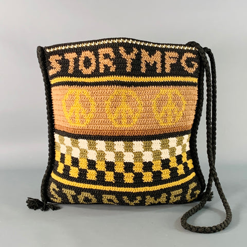 STORY MFG. Black Beige Crochet Cotton Logo Mixed Patterns Crossbody Bag