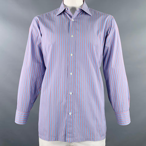 CHARVET Size L Blue Pink Stripe Cotton Curved Cutaway Long Sleeve Shirt
