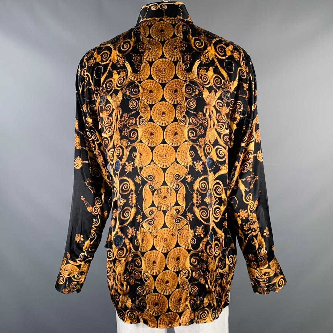 BILLIONAIRE COUTURE Size XL Black Gold Print Silk Long Sleeve Shirt