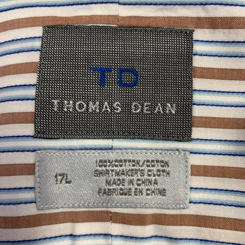 THOMAS DEAN Size L White Blue Brown Stripe Cotton Oversized Long Sleeve Shirt