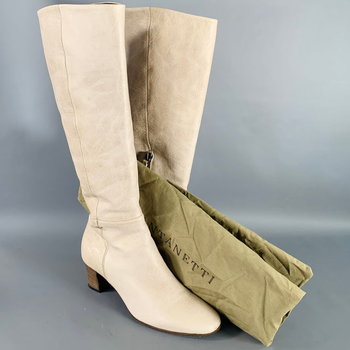 PANTANETTI Size 7.5 Beige Leather Stacked Heel Calf High Boots