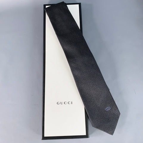 GUCCI Black Grey Stripe Silk Tie