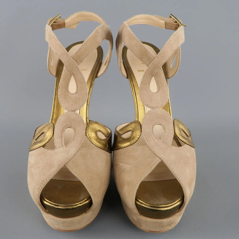 FENDI Size 9 Taupe Suede Metallic Gold Leather Peep Toe Platform Sandals FENDI