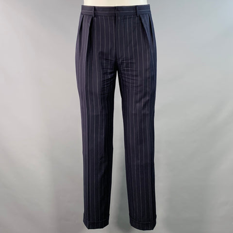 POLO by RALPH LAUREN Size L Regular Navy Grey Pinstripe Virgin Wool Suit