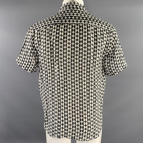 PENINSULA Size XL White Black Geometric Linen Short Sleeve Shirt