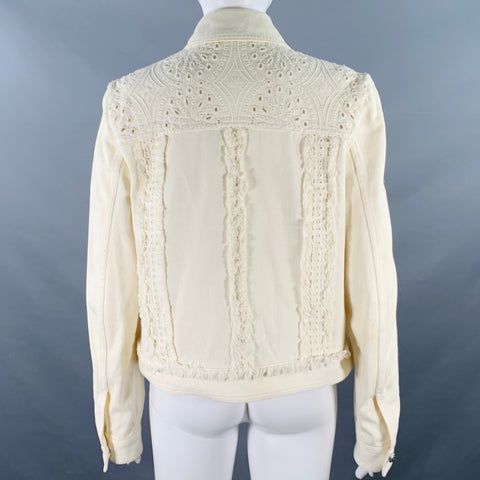 ETRO Size M Cream Eyelet Denim Fringe Trucker Jacket Blazer