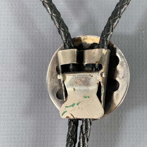 VINTAGE Silver Black Leather Metal Flower Bolo Tie